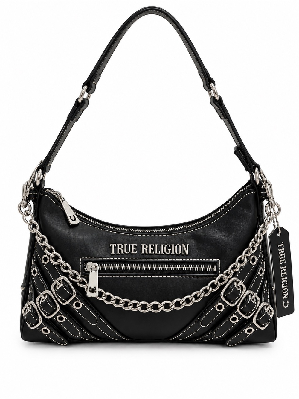 True Religion Black Shoulder Bag with Silver Chain Trim